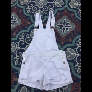 Distressed White Jean overall shorts